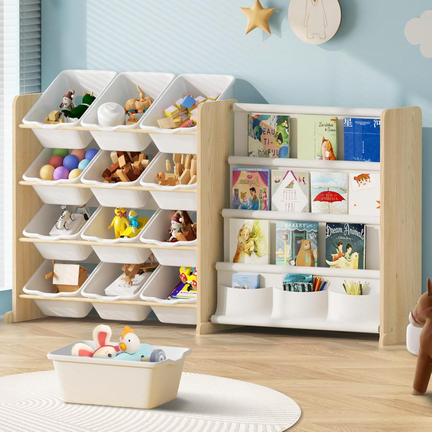 Kids Toy Storage Organizer with Bookshelf for Playroom Use