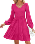 Women's V Neck Long Sleeve Smocked High Waist Ruffle Tiered Mini Dress