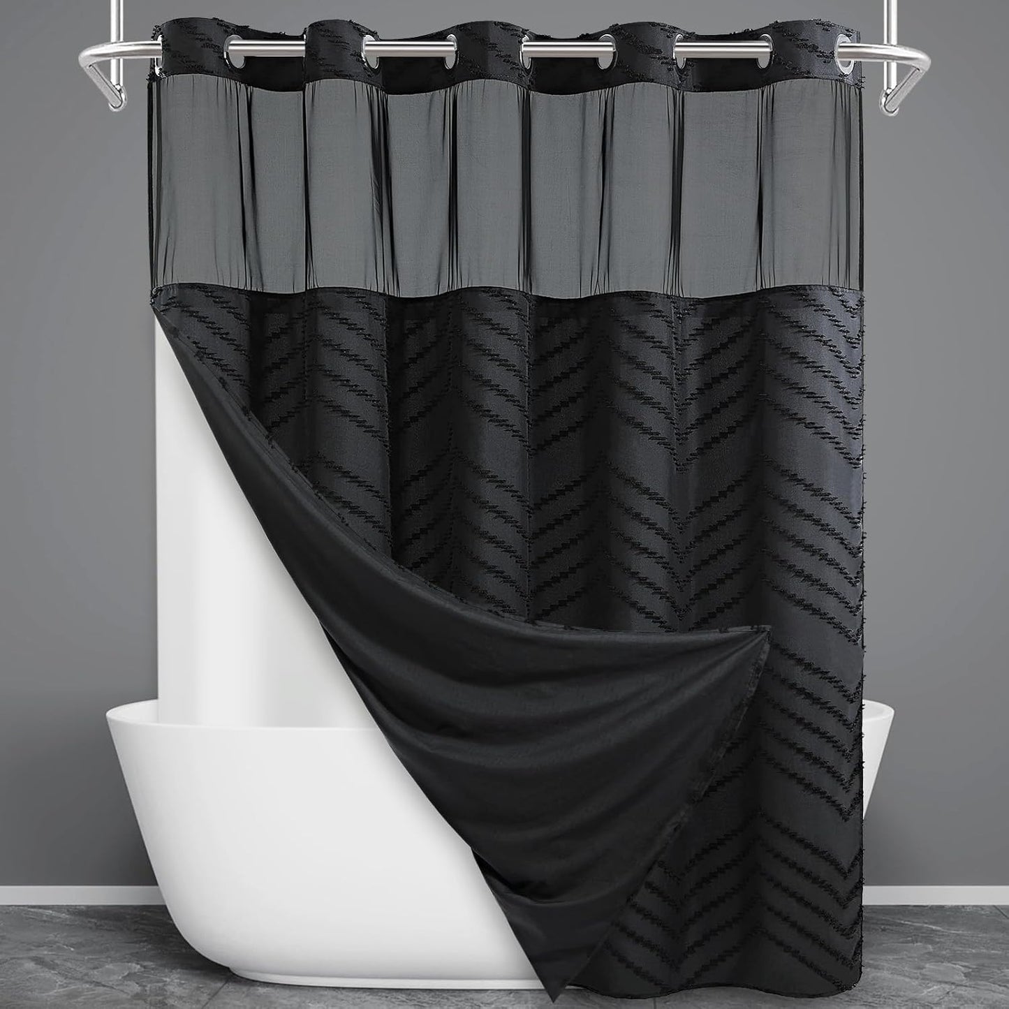 Extra Long No Hook Shower Curtain Set with Snap in Liner