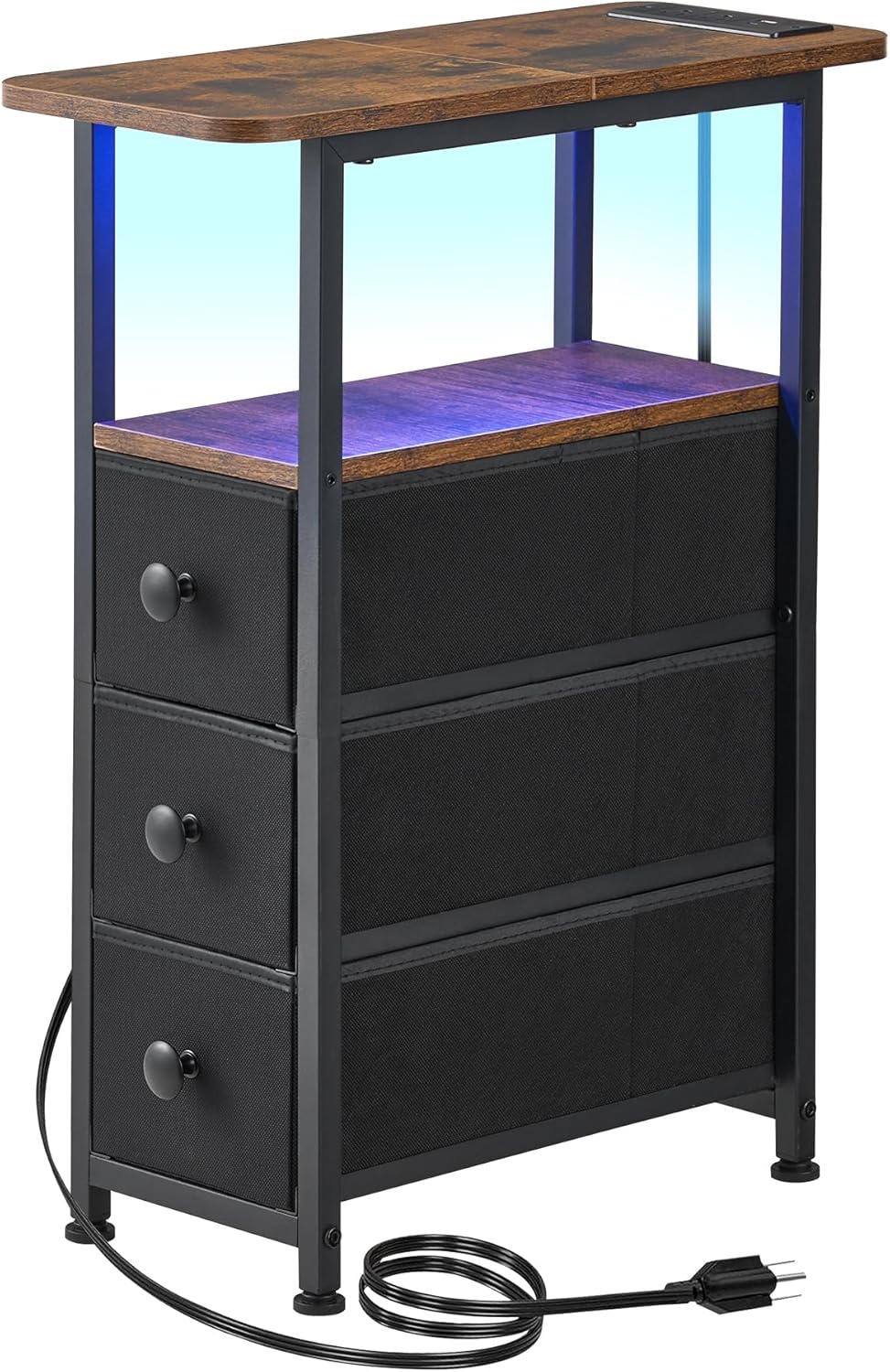 Narrow End Table with Charging Station and LED Light Features