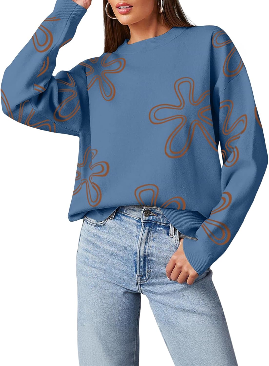 Dokotoo Floral Print Cable Knit Pullover Sweater for Women