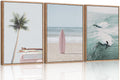 Beach Framed Canvas Wall Art Set - Coastal Palm Surfboard Seascape