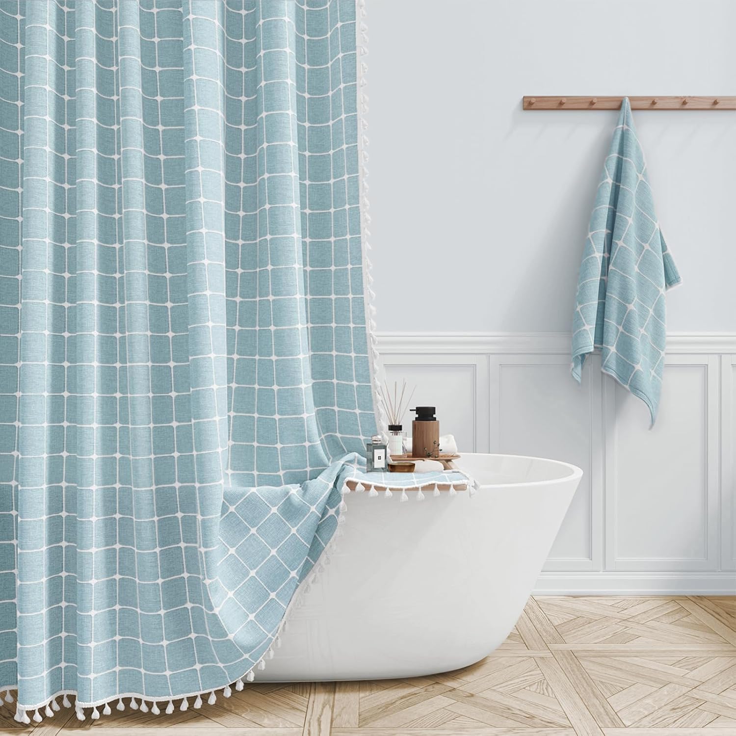 BTTN Extra Long Shower Curtain - Boho Chic Linen Fabric Design
