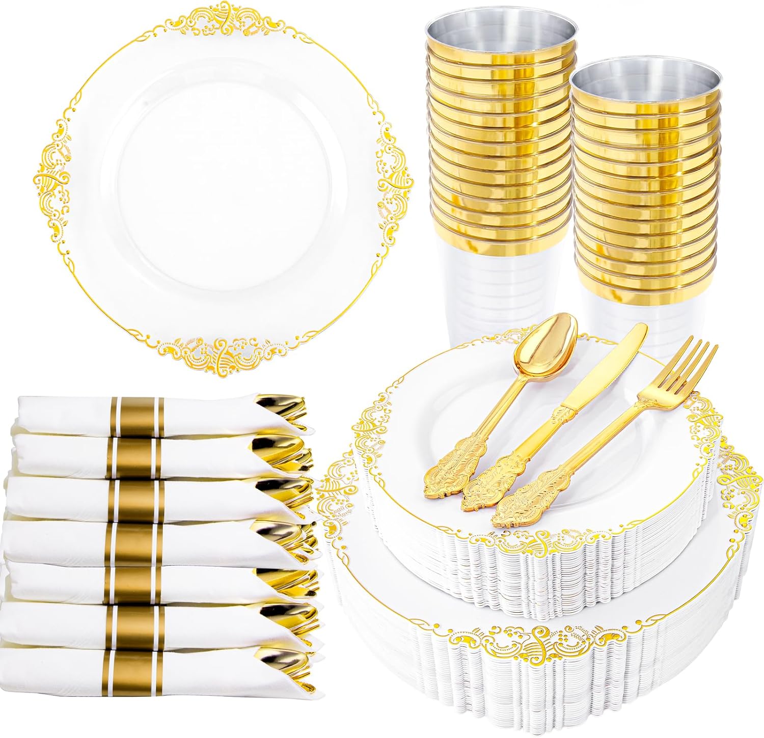 210pcs White and Gold Plastic Plates for Elegant Gatherings
