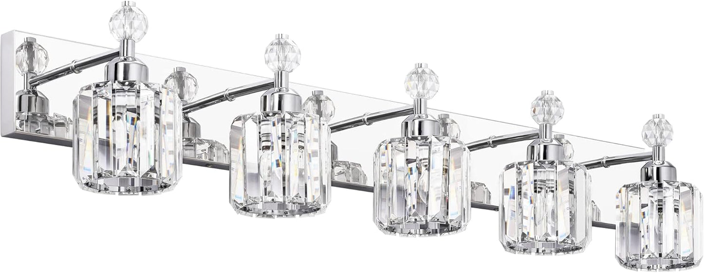 Modern Crystal Vanity Light for Bathroom - 5 Light Chrome Fixture