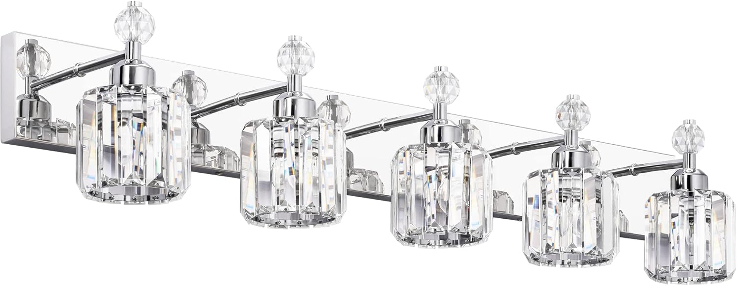Modern Crystal Vanity Light for Bathroom - 5 Light Chrome Fixture