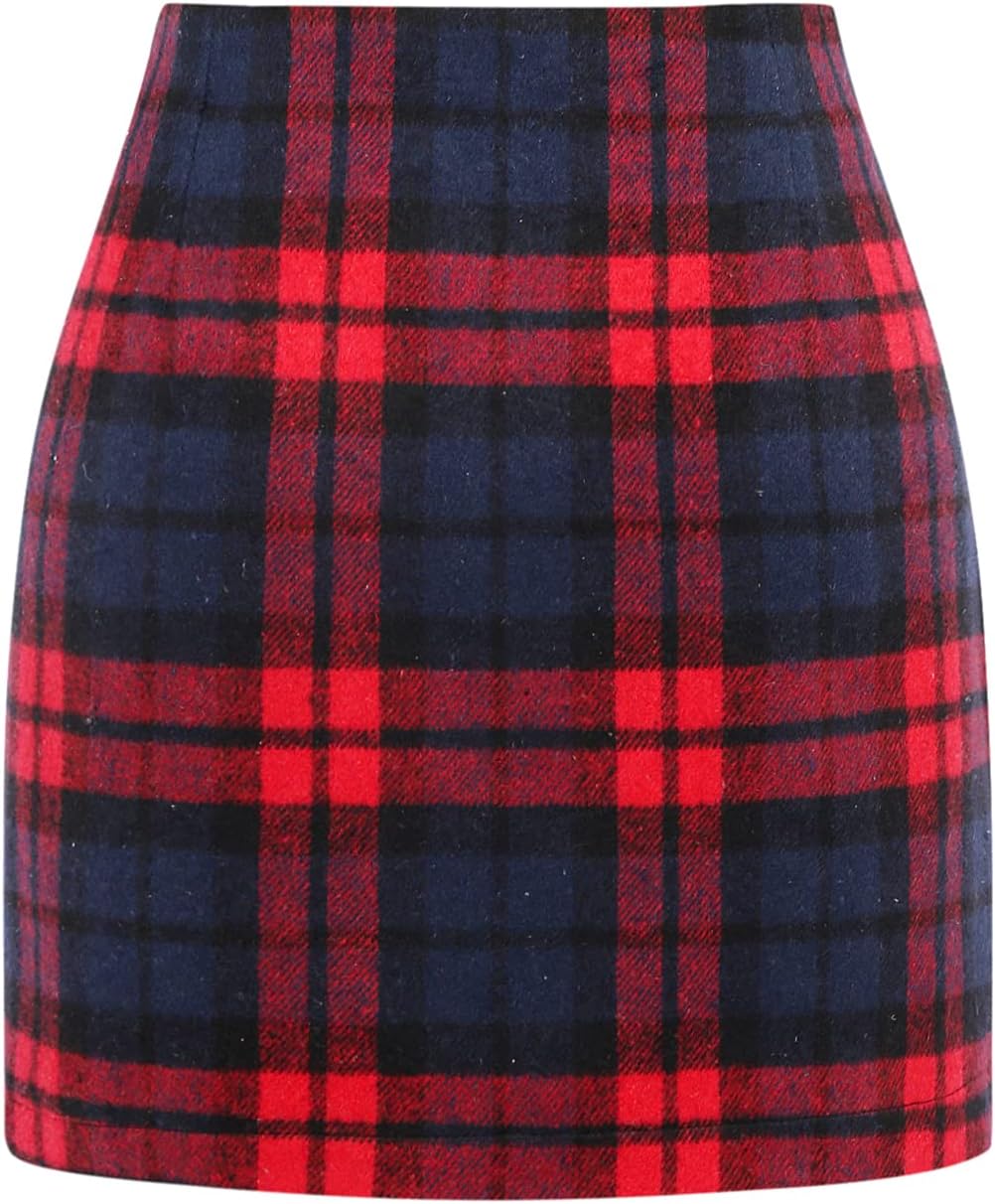 Womens High Waist Plaid Skirt Bodycon Pencil Wool Mini Skirts