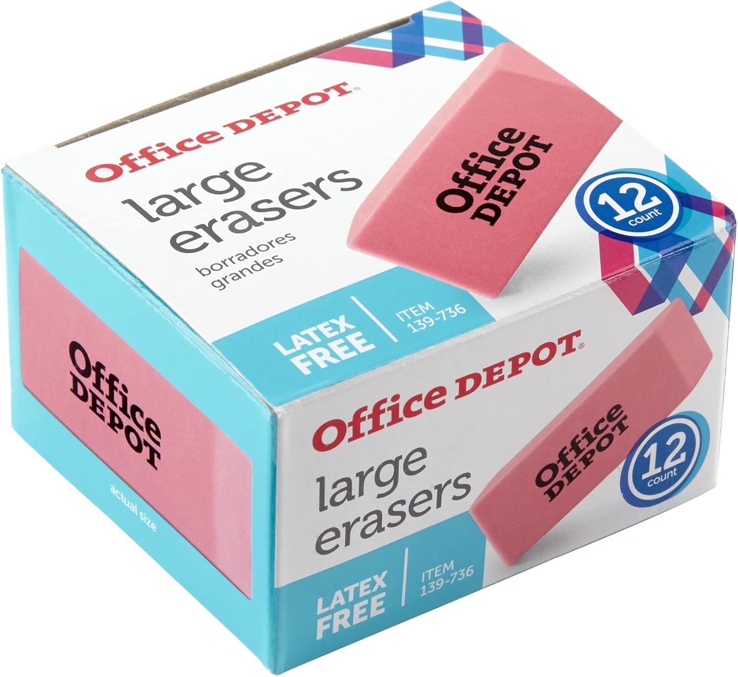12 Large Pink Bevel Erasers, Smudge-Free Erasing