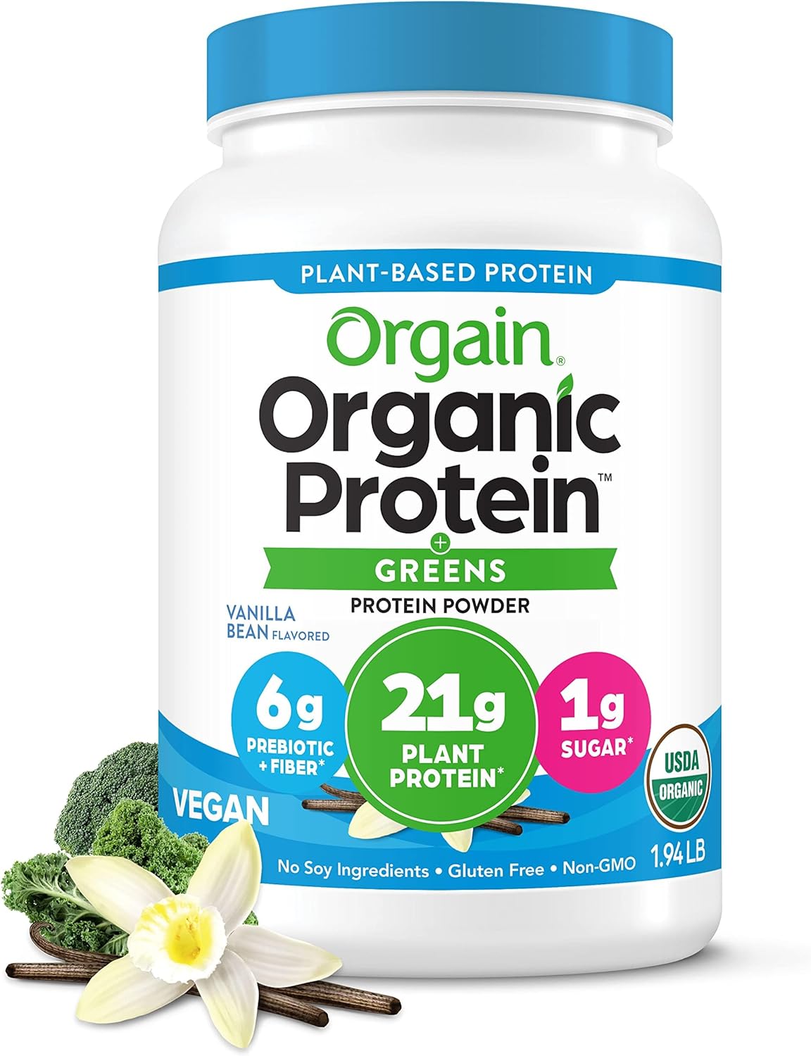 Orgain Organic Vegan Protein Powder with Greens, Vanilla Bean