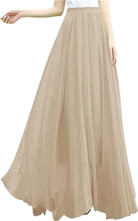 v28 Women Full Length Elastic Pleated Retro Maxi Chiffon Skirt