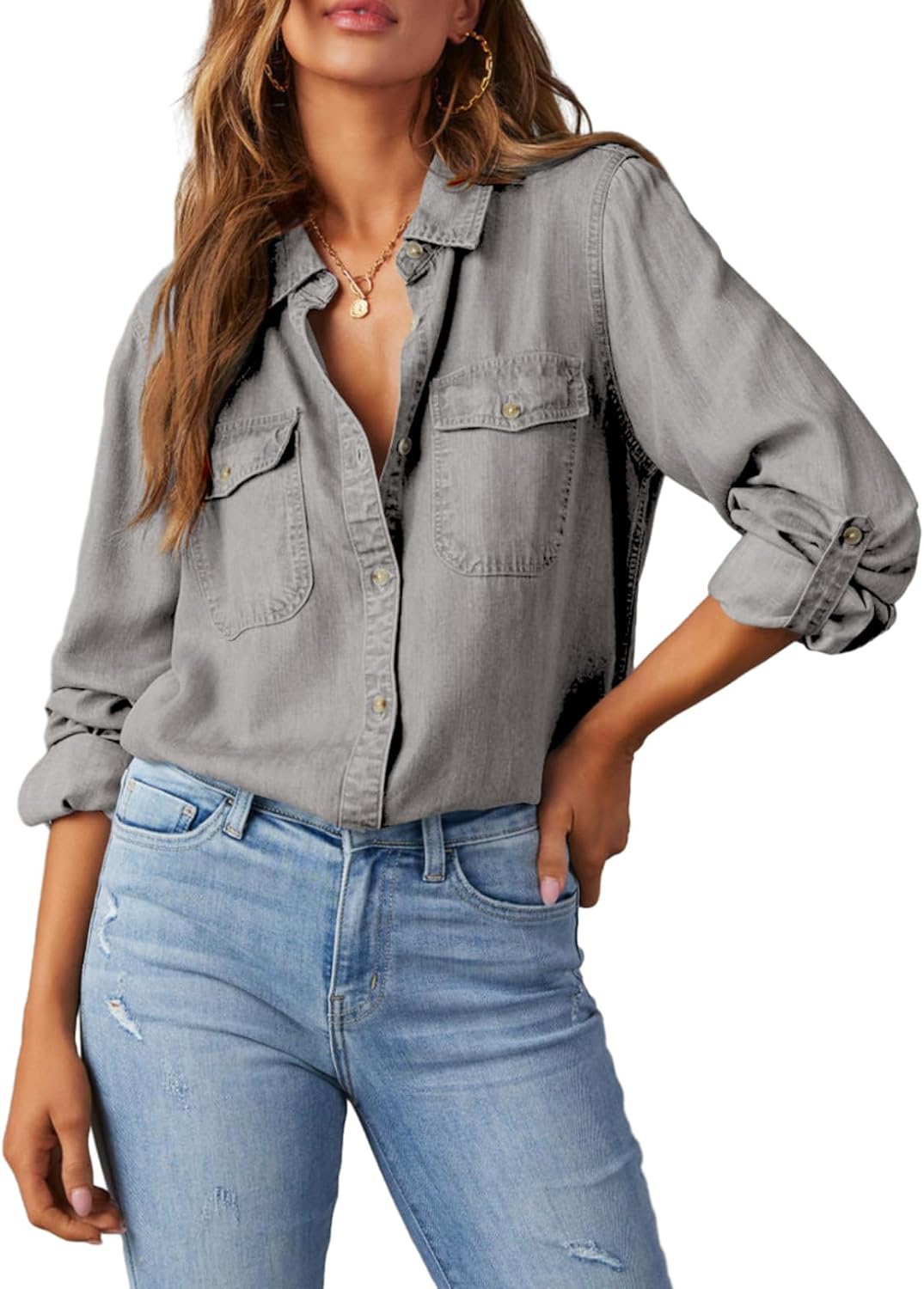 Astylish Women Button Down Denim Shirt for Casual Style