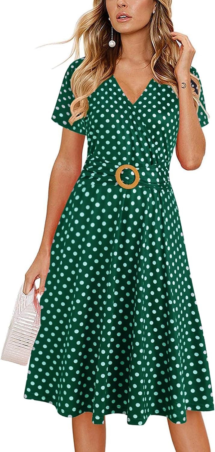 Elegant Criss-Cross V Neck Vintage Short Sleeve Dress with Pockets