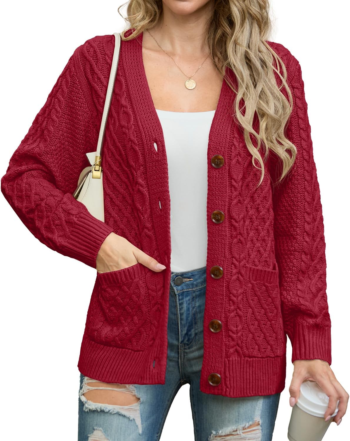 GRECERELLE Women Long Sleeve Cable Knit Sweater Cardigan with Pockets
