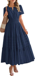 Womens Summer Midi Maxi Dress V Neck Elastic Waist - Versatile Boho 20
