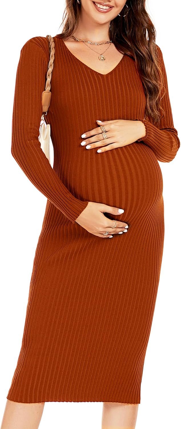 Maternity Dress Long Sleeve V Neck Knit Stretchable Sweater