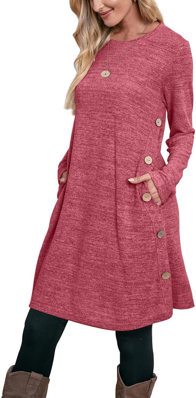 OFEEFAN Long Sleeve Dress for Women with Pockets and Buttons