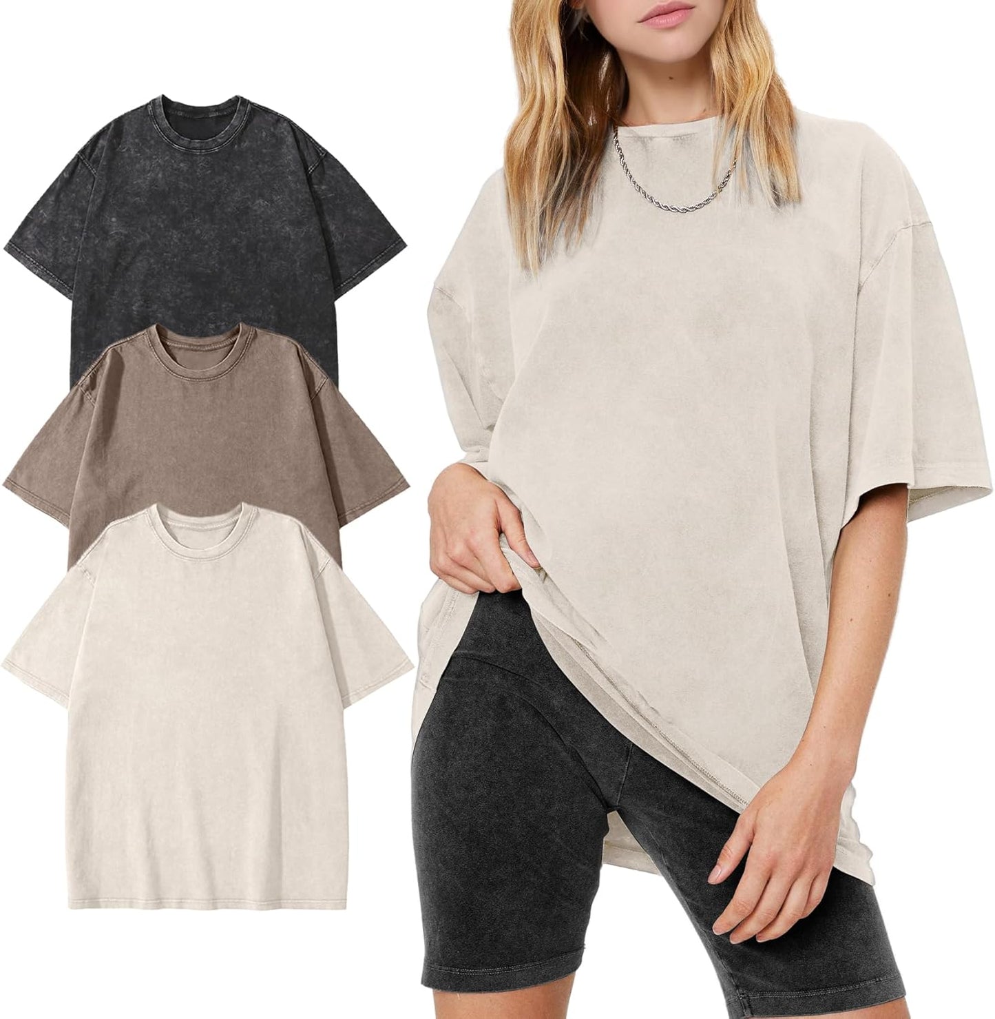 Oversized Women's T-Shirts 3 Pcs Cotton Vintage Washed Tops