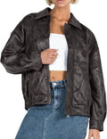 Women's Faux Leather Motorcycle Jacket Oversized Zip Coat - Trendy