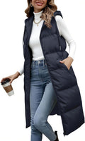 Long Puffer Vest for Women - Quilted Hooded Sleeveless Coat
