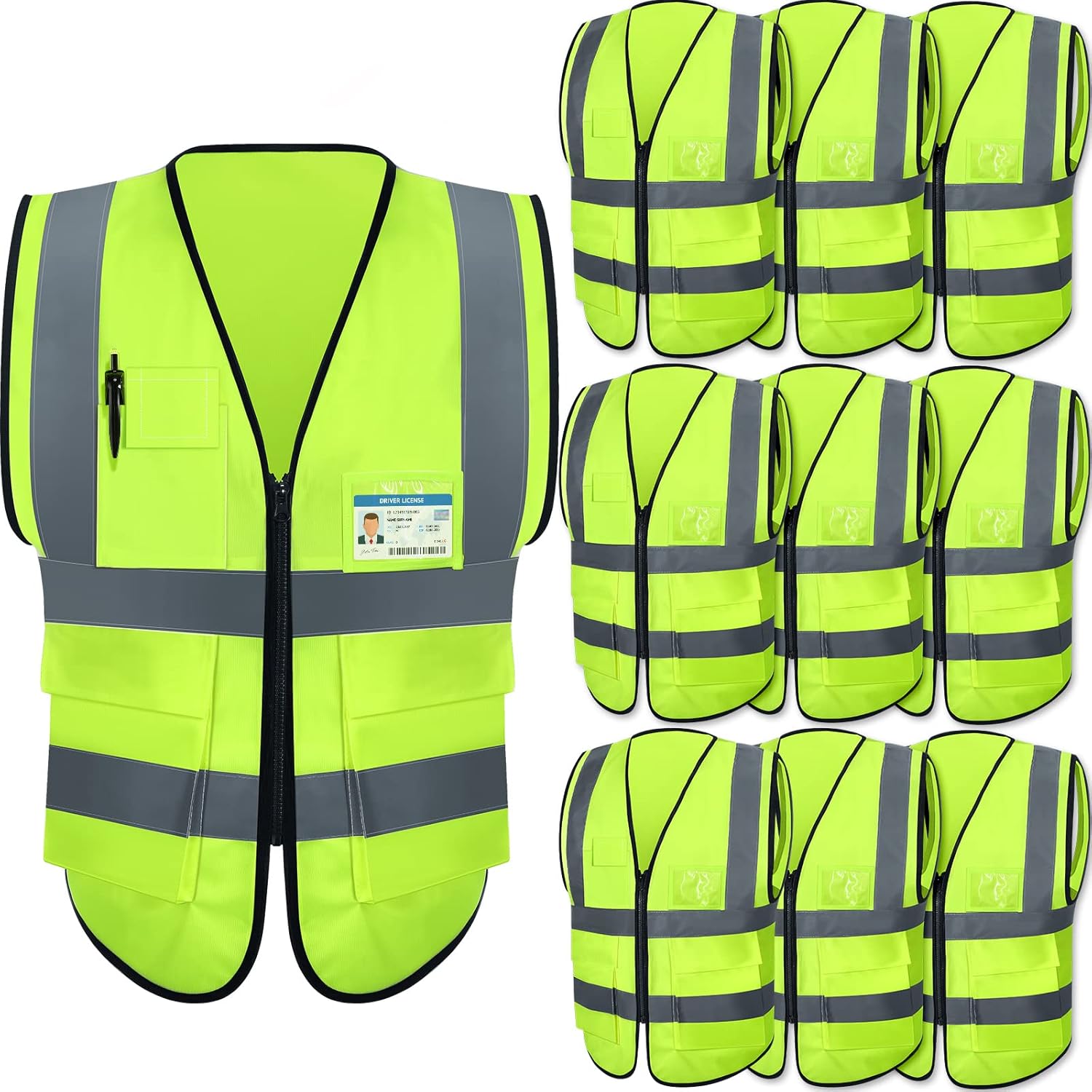 10 Pcs Reflective Safety Vest with Pockets for Work and Cycling
