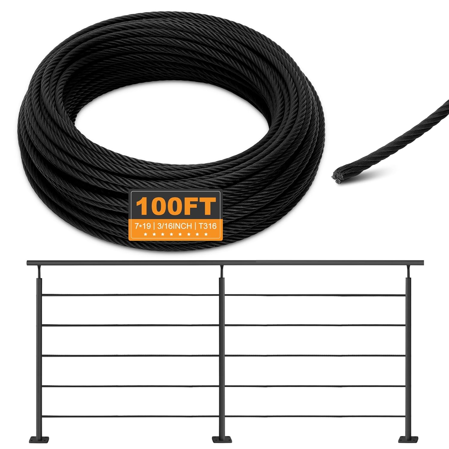 T316 Black 3/16IN Stainless Steel Cable for Heavy Duty Use