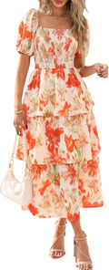 Womens Square Neck Smocked Maxi Dress - Flowy Floral Tiered Ruffle