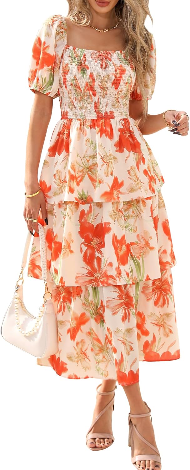 BTFBM Womens Square Neck Smocked Dress for Summer Events