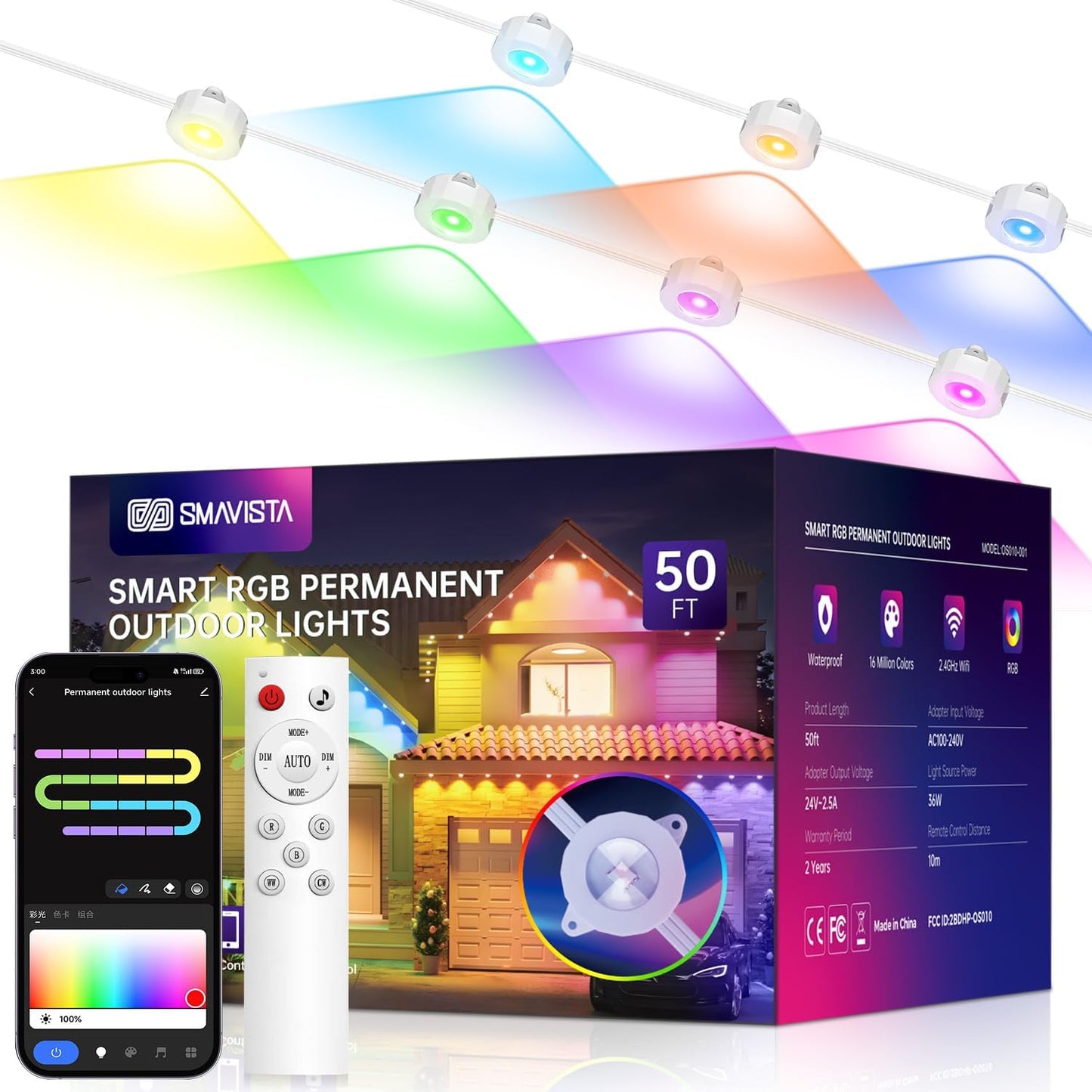 Smart Permanent Outdoor Lights with 36 LED RGB String Lights