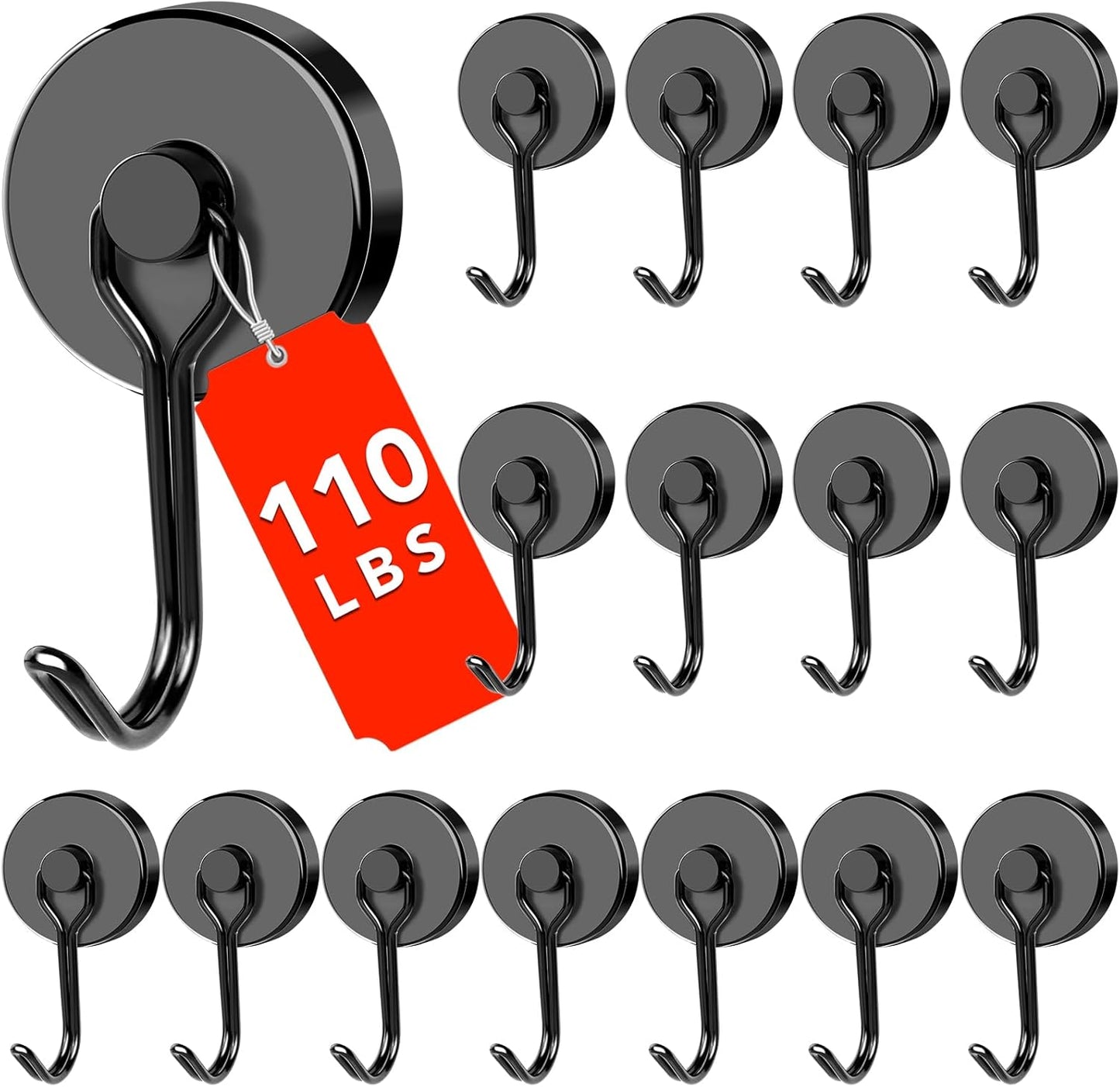 DIYMAG Black Magnetic Hooks - 110LBS Heavy Duty Set of 16