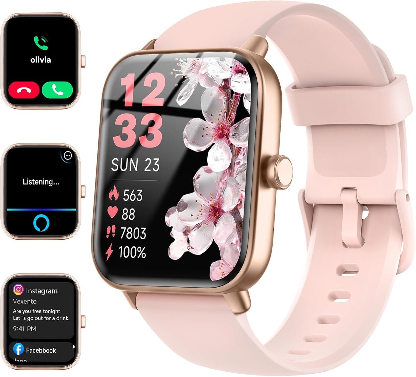 Alexa Smartwatch for Android & iPhone, IP68 Waterproof, Pink