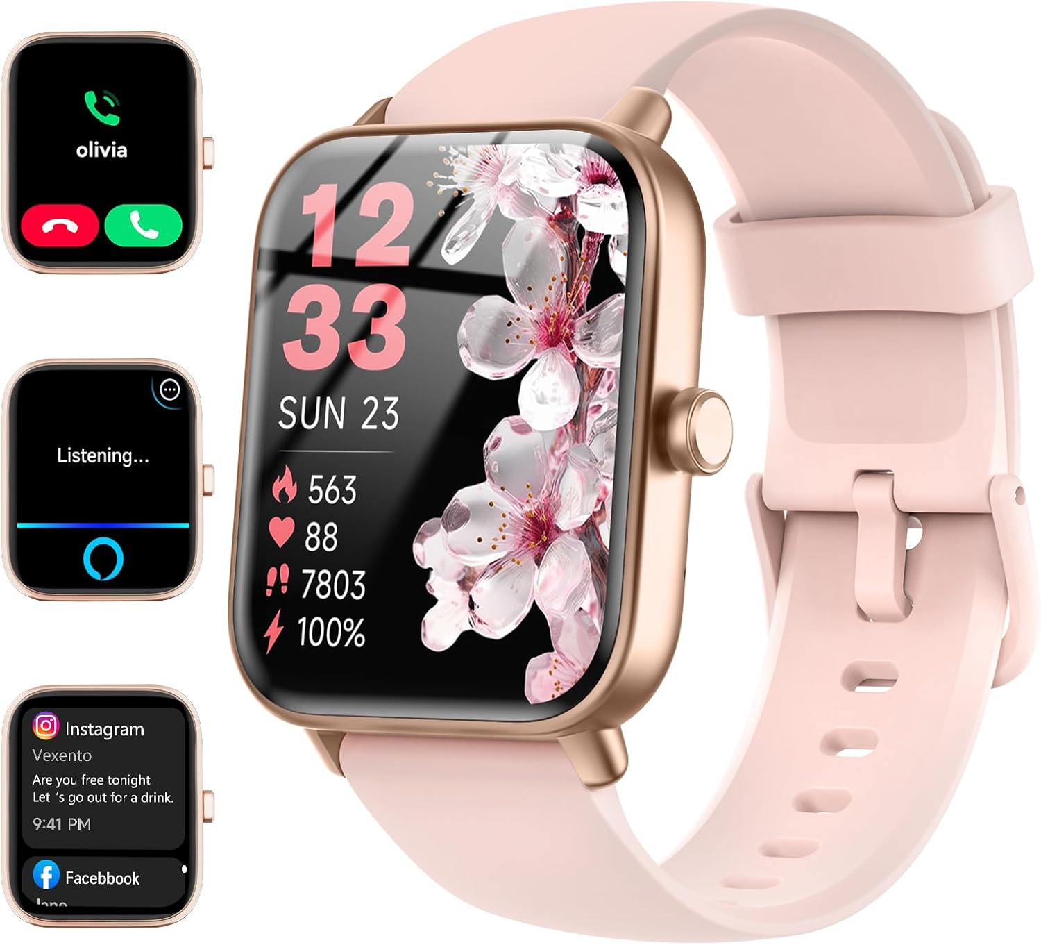Alexa Smartwatch for Android & iPhone, IP68 Waterproof, Pink