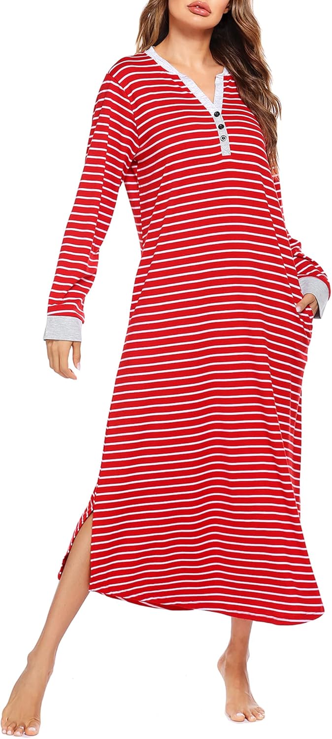 Ekouaer Womens Nightgown Long Loungewear V Neck Sleepwear