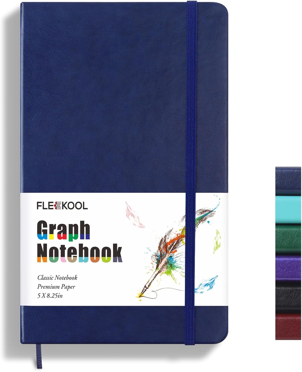 FLEEKOOL Leather Grid Notebook: 100gsm Thick Paper, 5x8.25, Navy Blue