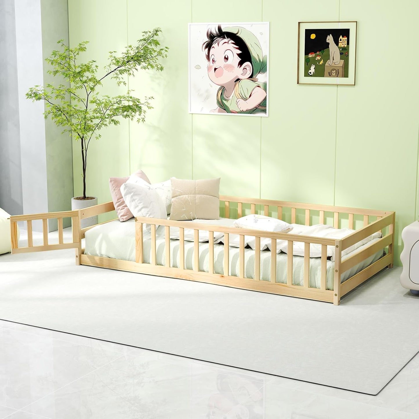 KOMFOTT Twin Size Wood Floor Bed with Door & Fence for Kids