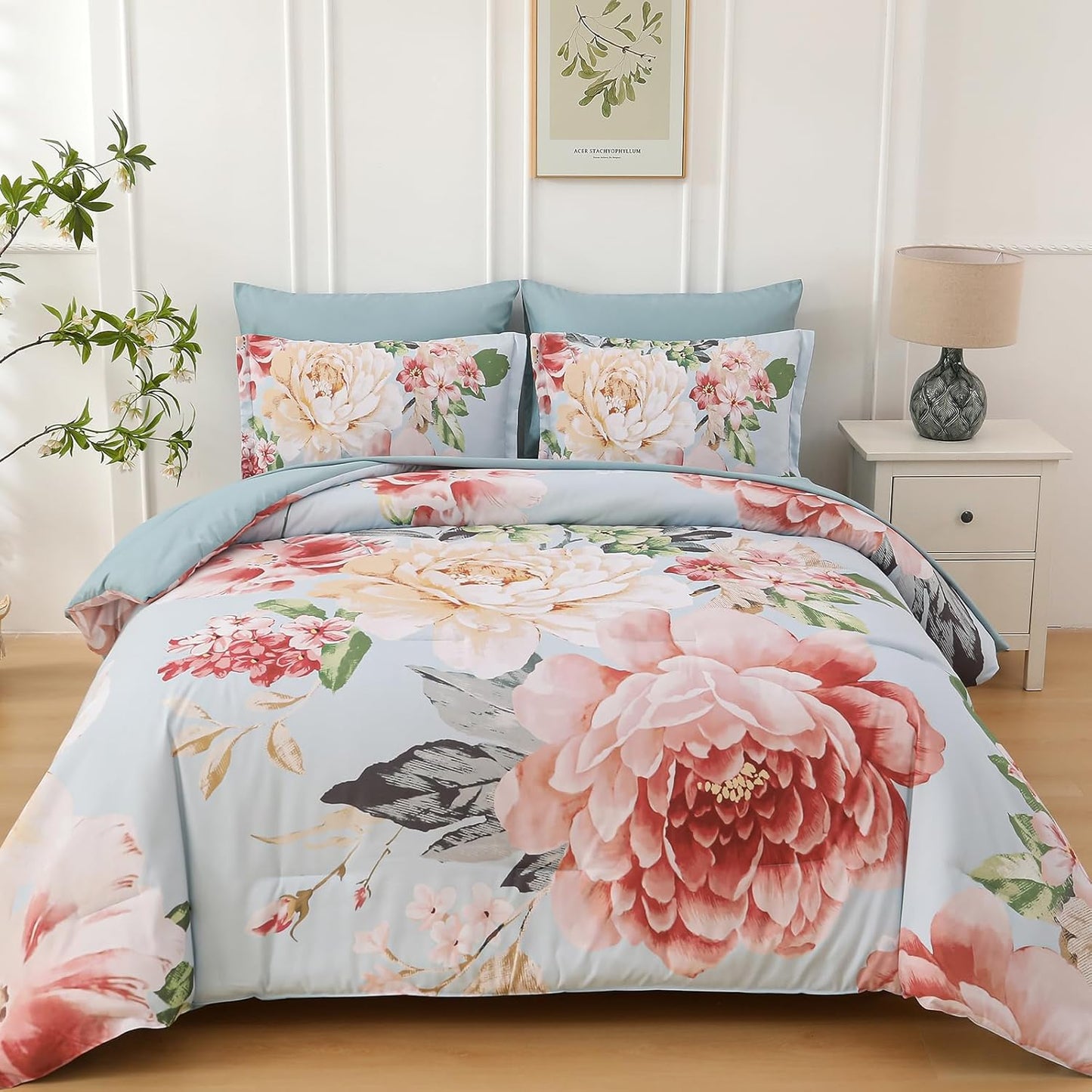 Floral Bed in a Bag 7 Pieces Comforter Set for Queen Size