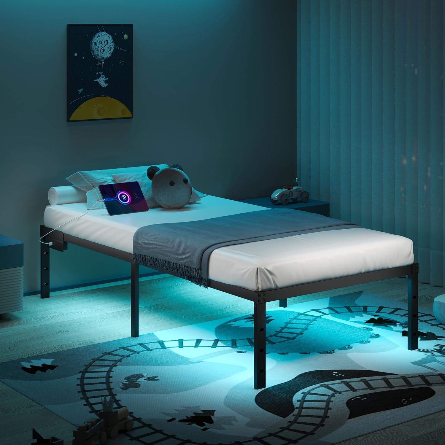 Twin Size Bed Frame with LED Lights & Charging Station Features