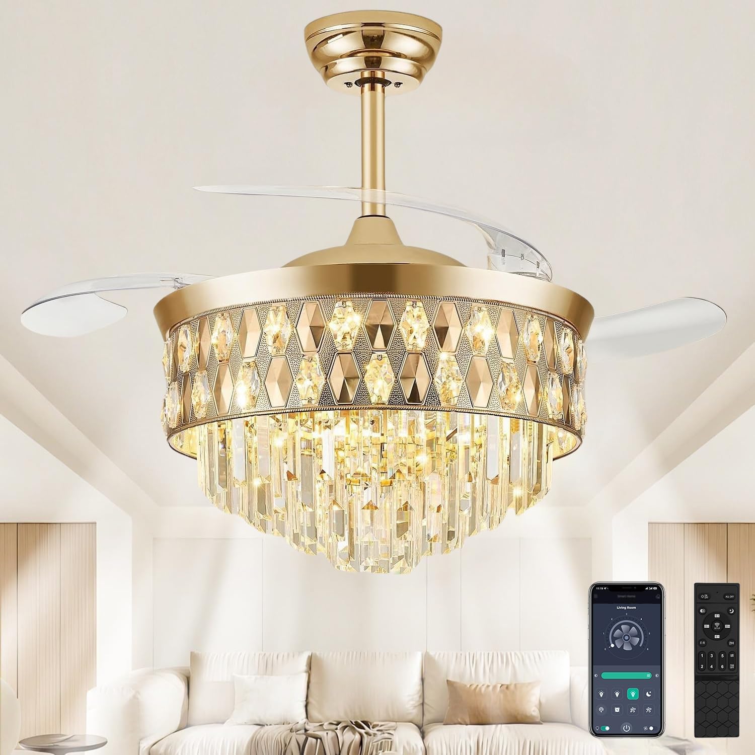 42 Inch Fandelier Ceiling Fan with Light for Bedroom & Living Room
