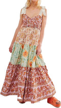Women Floral Maxi Sundress with Tie Shoulders - Flowing Boho Sundress