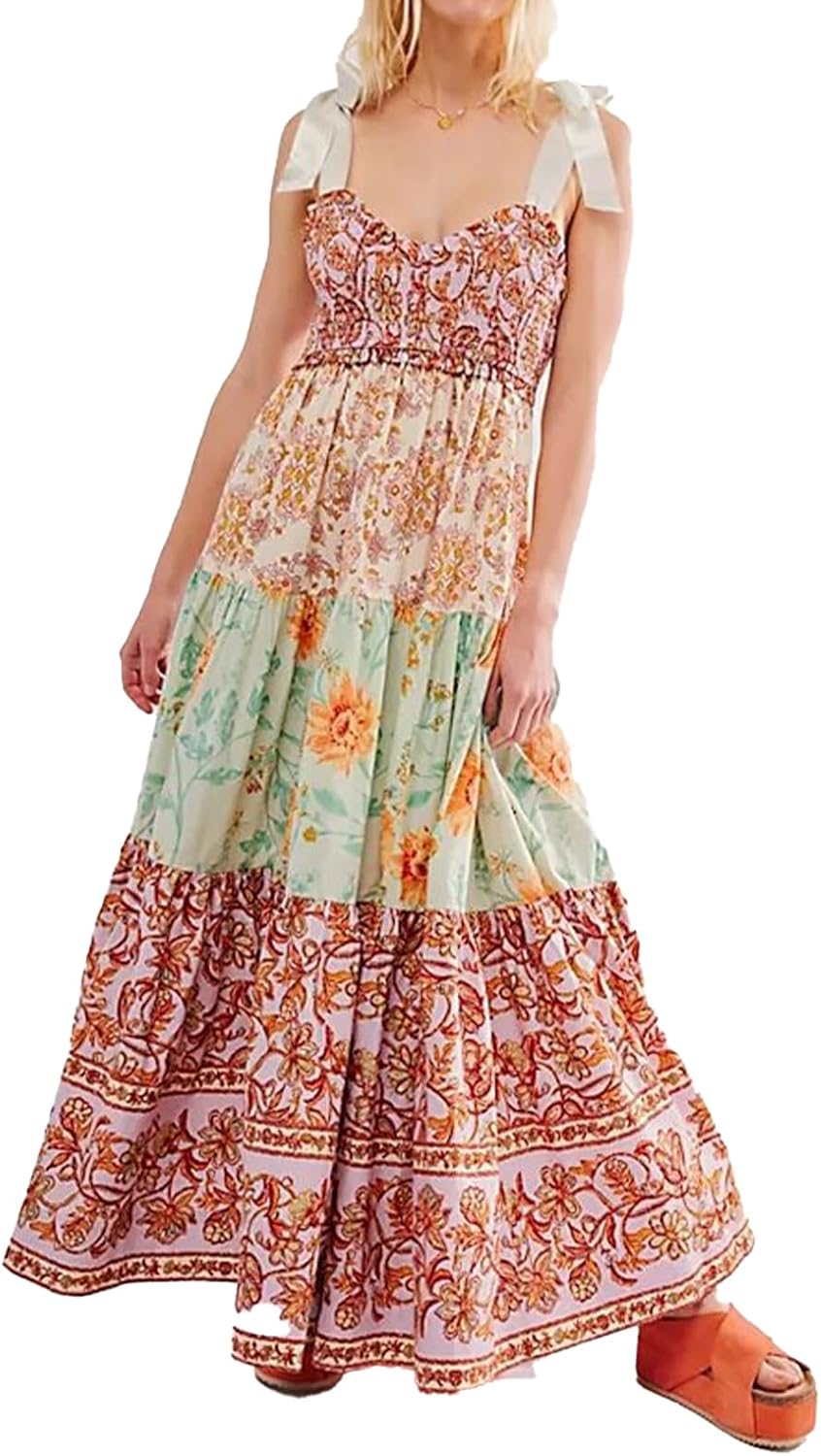 Women Floral Maxi Dress Sleeveless Bohemian Casual Sundress