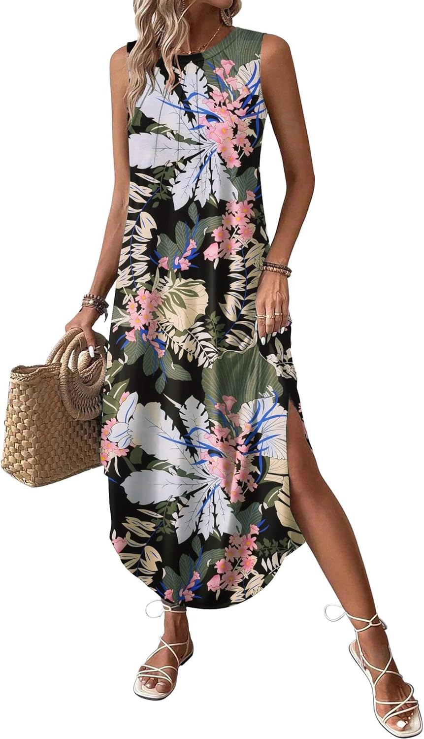 Floral Summer Casual Beach Printed Tank Dress with Pockets
