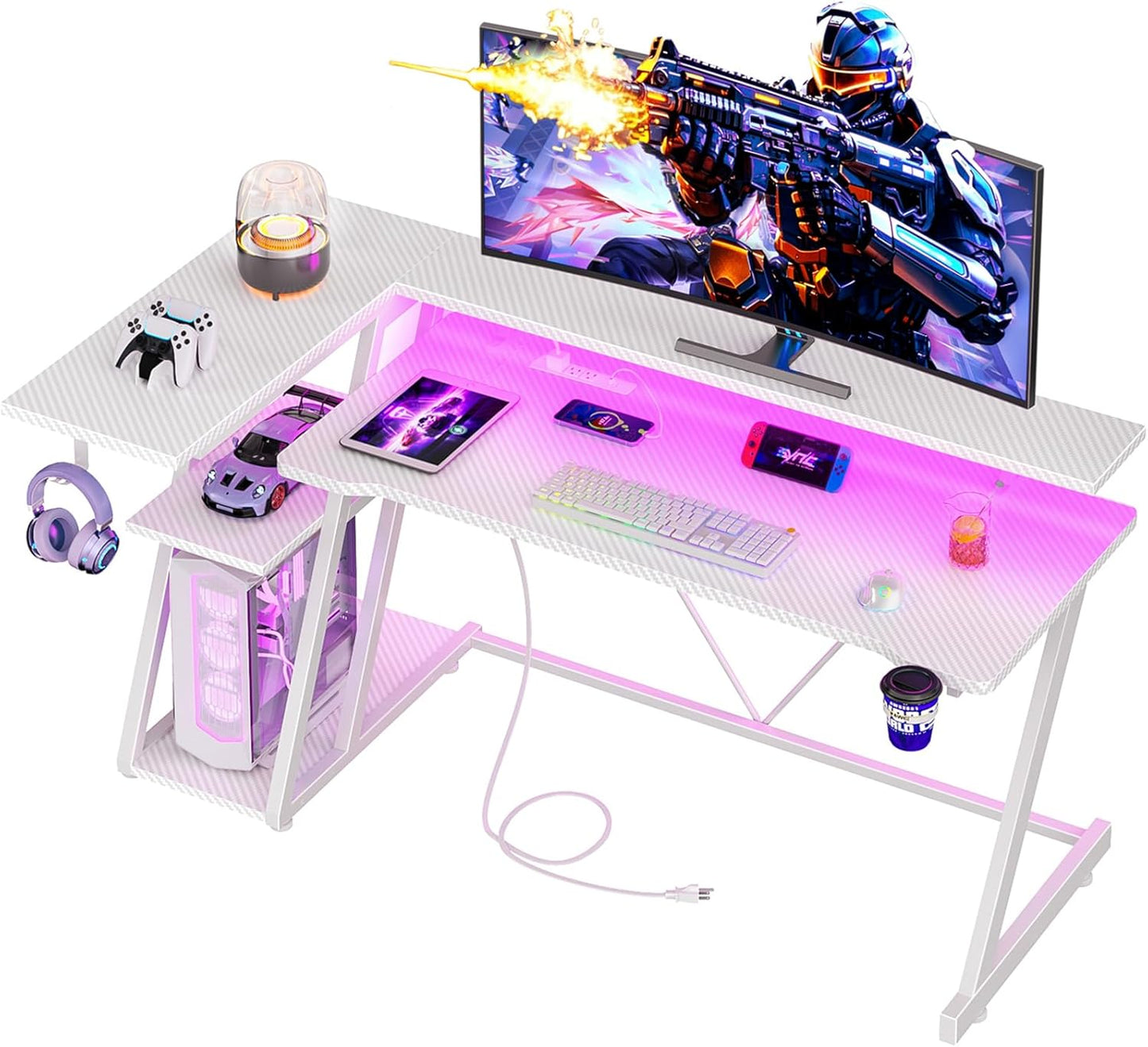 55 Inch L Shaped Gaming Desk with LED Lights and Power Outlet