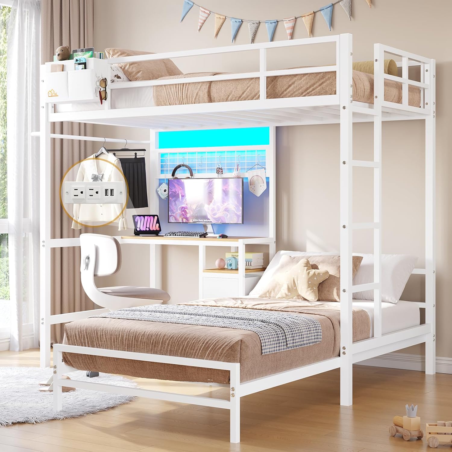 DICTAC Twin Over Twin Bunk Bed with Desk and LED Lights