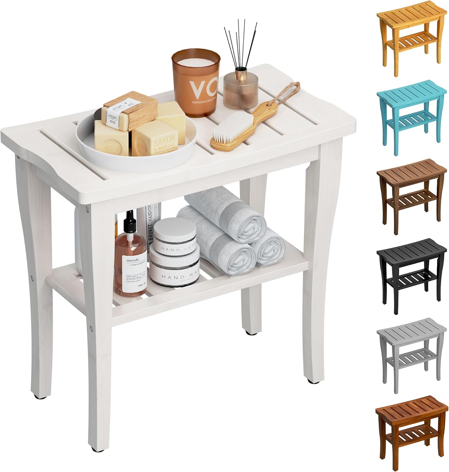 Bamboo Shower Bench Stool with Storage Shelf for Comfort and Safety