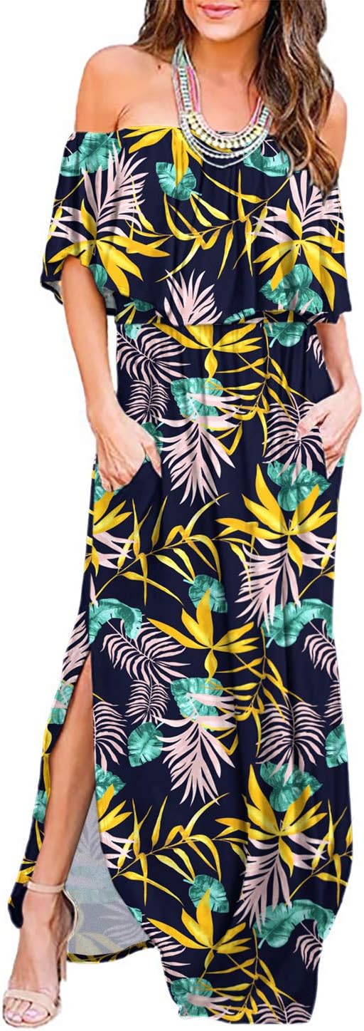 LILBETTER Womens Off The Shoulder Ruffle Maxi Dress Review