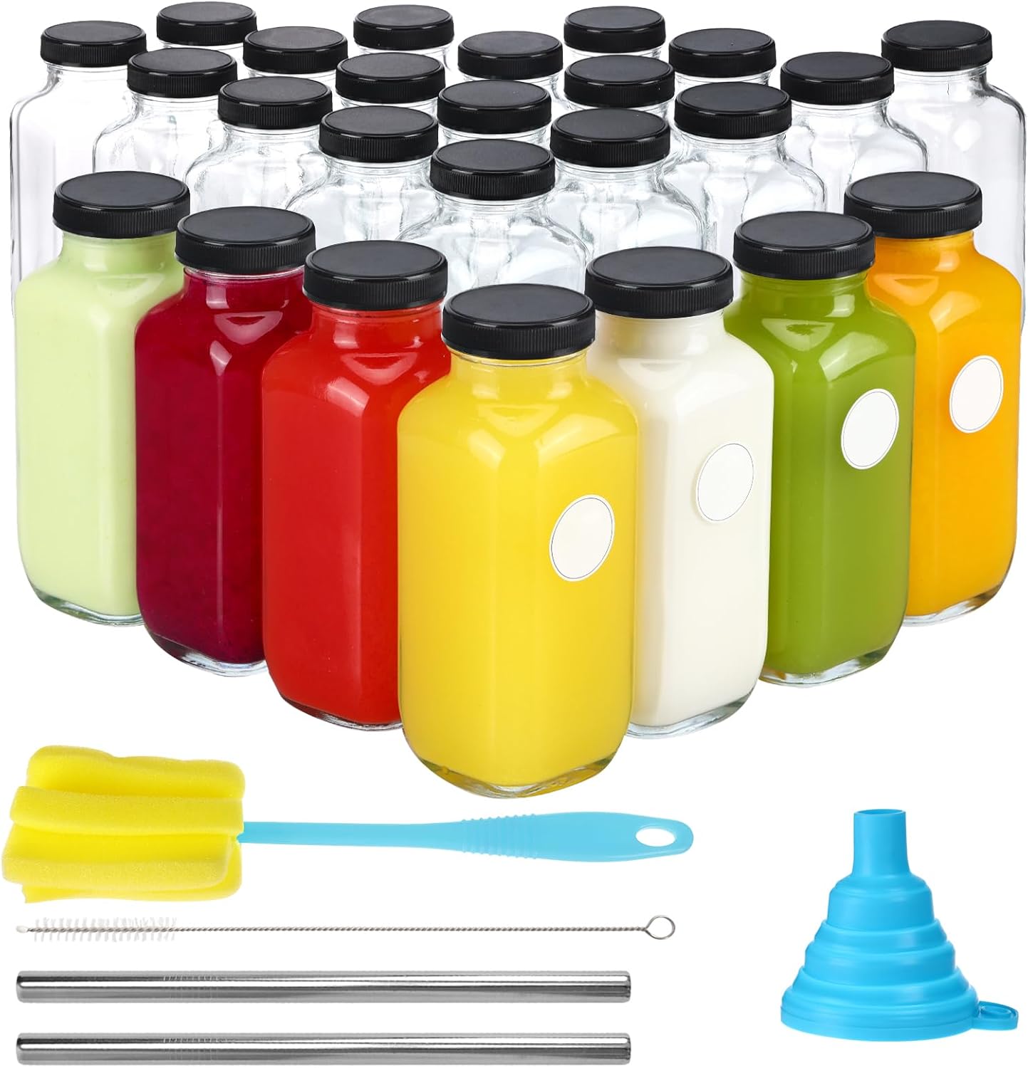 CUCUMI 24pcs 16oz Glass Juice Bottles with Lids for Storage