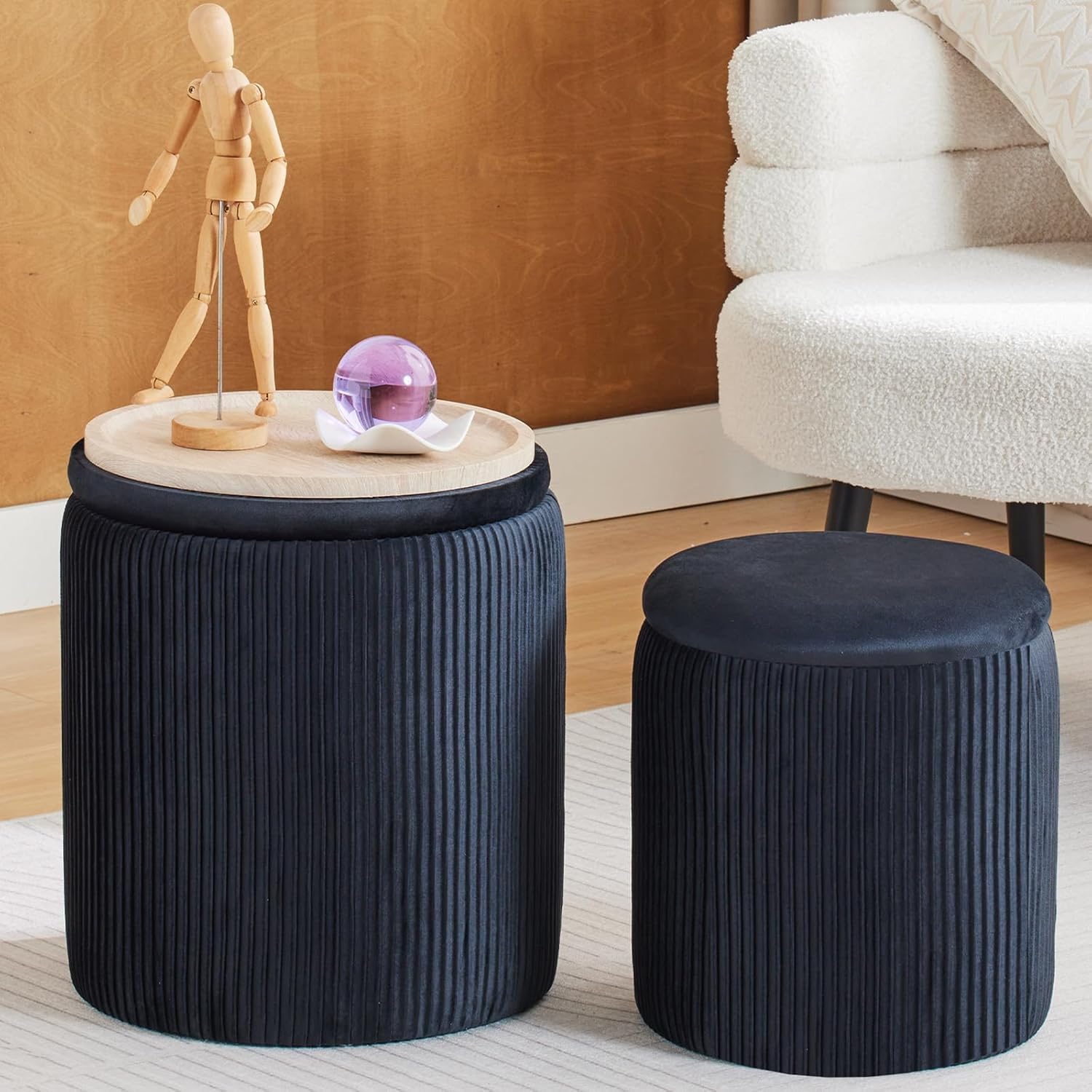 Round Ottoman with Storage Set of 2 for Living Room and Bedroom