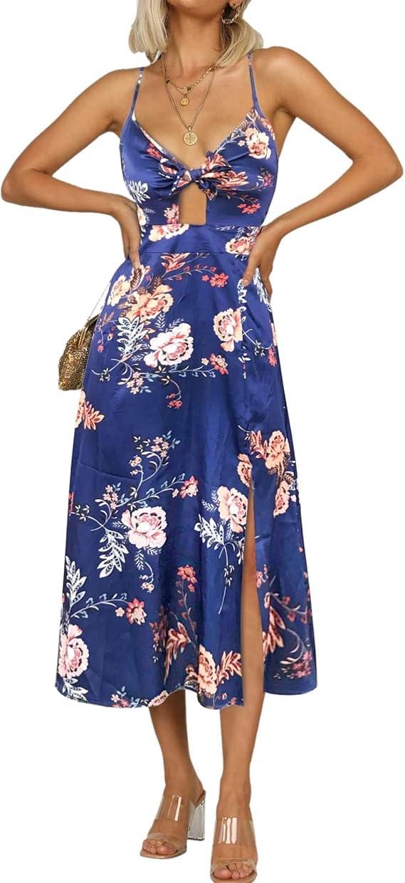 Fashionme Women Spaghetti Strap Midi Satin Dress for Elegance