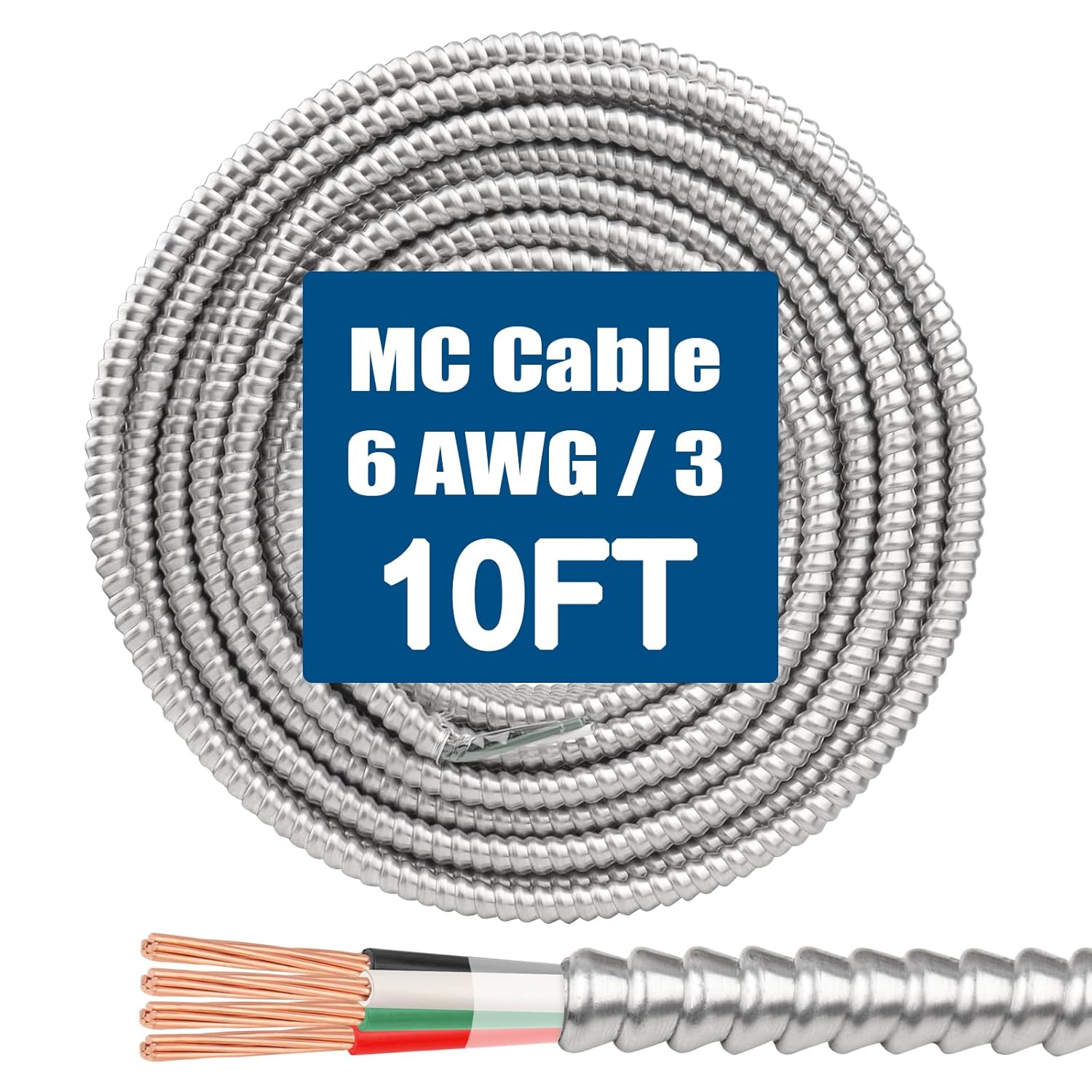 6/3 MC Cable with Ground - 10FT Heavy-Duty Copper Wire