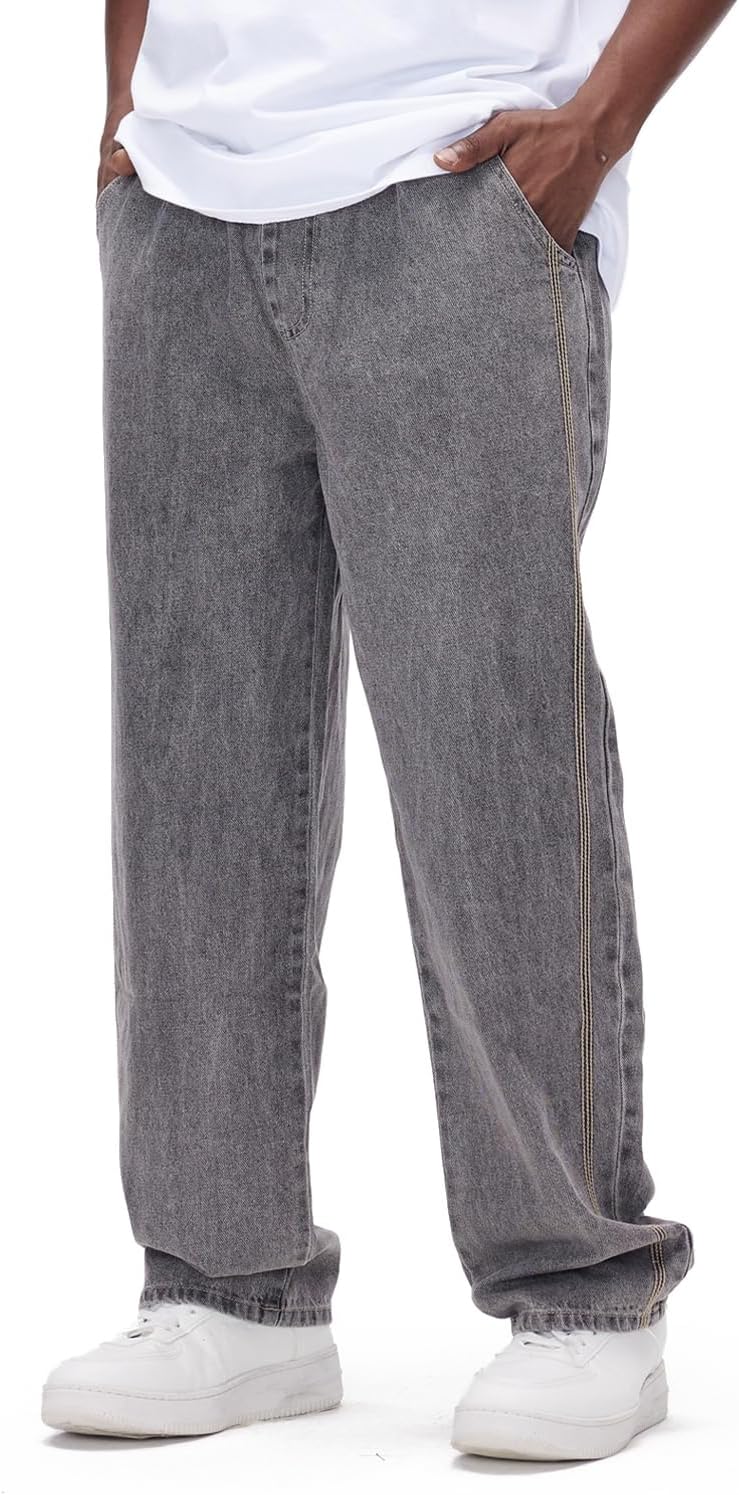 Mens Baggy Jeans with Elastic Waist and Drawstring for Comfort