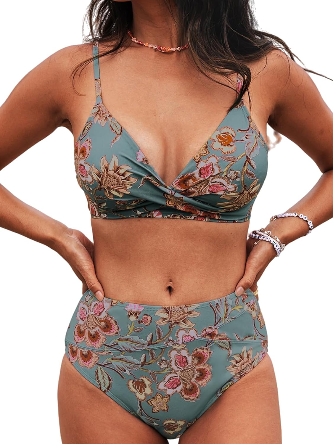 CUPSHE Women's High Waisted V Neck Twist Front Bikini Set